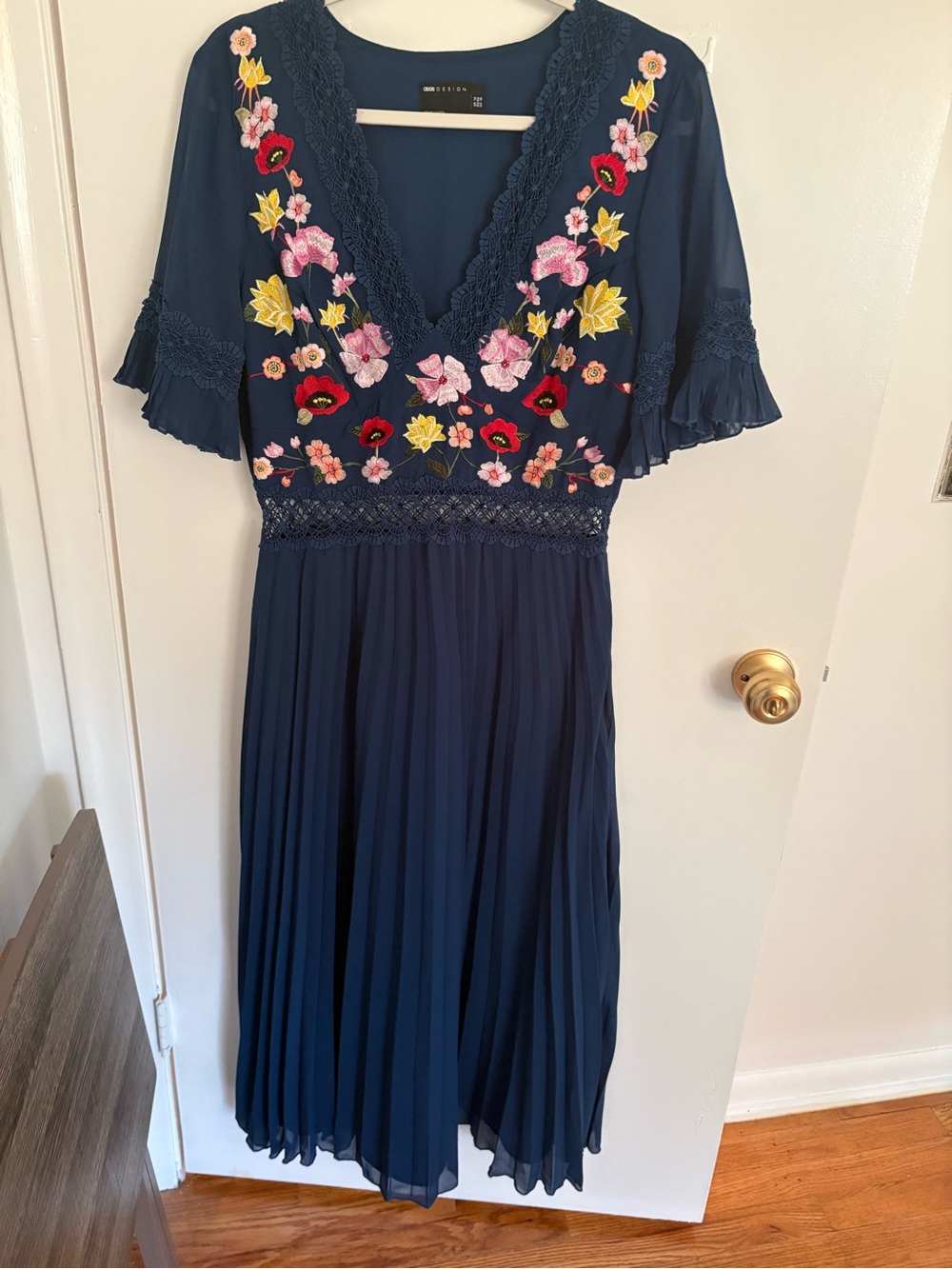 ASOS Navy Embroidered V-Neck Midi Dress
